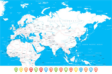 Fototapeta premium Eurasia Europa Rosja Chiny Indie Indonezja Tajlandia Mapa Afryki - ilustracja wektorowa