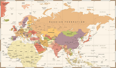 Fototapeta na wymiar Eurasia Europa Russia China India Indonesia Thailand Map - Vector Illustration