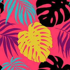 Tropical leaves seamless pattern backgrounds. Fashion design. Vector illustration
