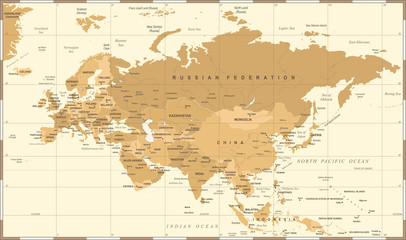 Fototapeta premium Eurasia Europa Russia China India Indonesia Thailand Map - Vector Illustration