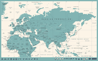 Obraz premium Eurasia Europa Russia China India Indonesia Thailand Africa Map - Vector Illustration