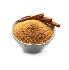 Sweet cinnamon sugar in bowl on white background