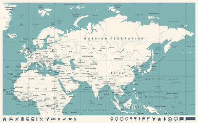 Obraz premium Eurasia Europa Rosja Chiny Indie Indonezja Tajlandia Mapa Afryki - ilustracja wektorowa