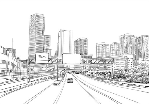 USA. Florida. Miami. Unusual perspective hand drawn sketch. City vector illustration © romanya
