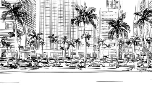 USA. Florida. Miami. Unusual perspective hand drawn sketch. City vector illustration