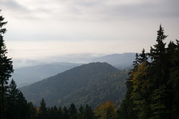 View from mountains with cloudy inversion below. Slovakia
