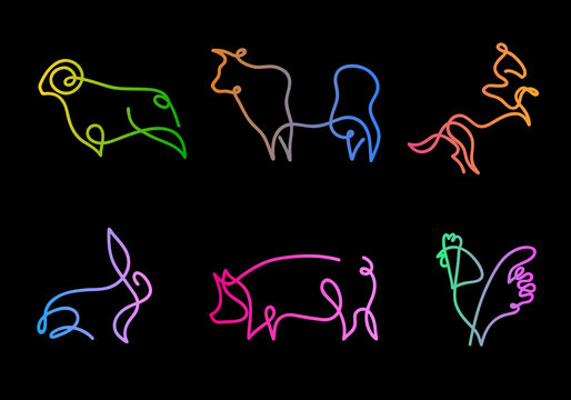 One line farm animals design silhouette.Hand drawn minimalism style vector illustration