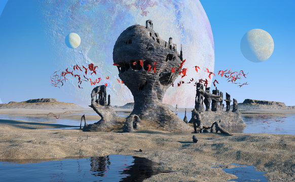 exoplanet landscape, flying red alien creatures swarming around mysterious rock formations
