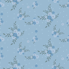 Seamless floral pattern. Background in small blue flowers on a blue background for textiles, fabric, cotton fabric, covers, wallpaper, print, gift wrapping, postcard, scrapbooking.