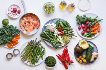 Cooking ingredients vegetables and shrimps