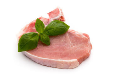 Fresh raw beef steak isolated on white background, top view.