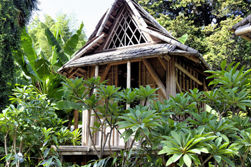 reproduction of a Laos house in the Anduze bamboo plantation