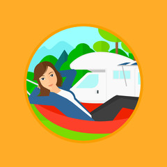 Young woman lying in a hammock in front of motor home in the forest. Woman resting in hammock and enjoying vacation in camper van. Vector flat design illustration in the circle isolated on background.