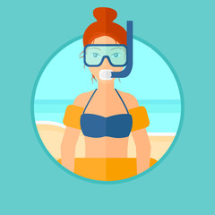 Woman in mask, tube and rubber ring standing on the background of beach and sea. Woman wearing snorkeling equipment on the beach. Vector flat design illustration in the circle isolated on background.