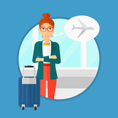 Woman frightened by future flight. Woman standing at the airport and suffering from fear of flying. Phobia, fear of flying concept.Vector flat design illustration in the circle isolated on background.