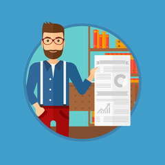 A hipster man showing his business presentation with some text and charts. Man giving a business presentation in the office. Vector flat design illustration in the circle isolated on background.