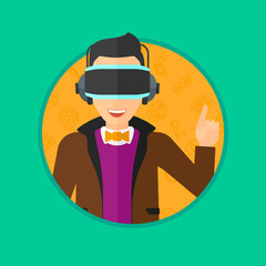 Young man wearing a virtual relaity headset. Man in a virtual relaity headset pointing a forefinger up while playing video game. Vector flat design illustration in the circle isolated on background.