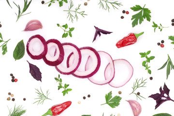 onions, garlic, hot pepper and spices isolated on white background. Top view