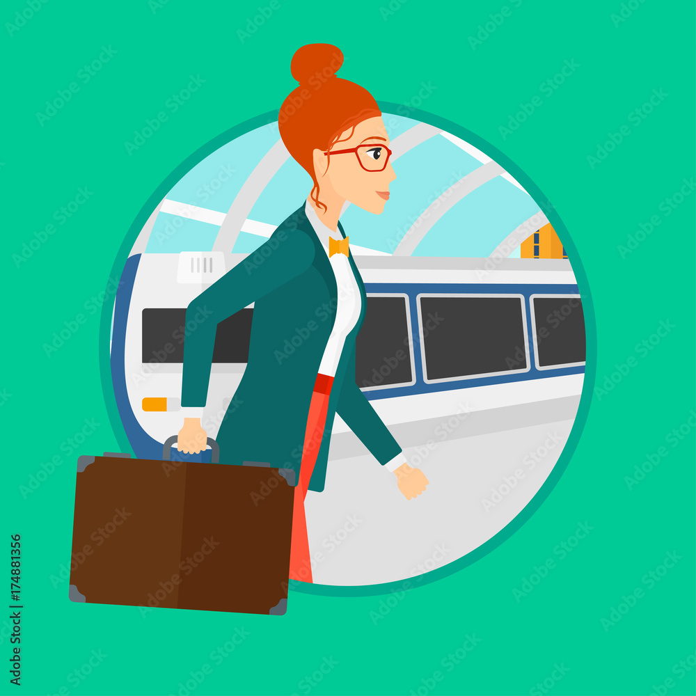 Poster young woman walking on the train platform on the background of arriving at the station. woman going 