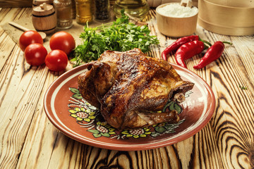 whole roasted chicken,barbecued whole chicken with crispy golden crust skin,Roasted whole chicken / turkey for celebration and holiday. Christmas, thanksgiving, new year's eve dinner,Chicken Tabaka