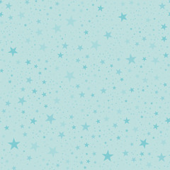 Turquoise stars seamless pattern on light blue background. Exquisite endless random scattered turquoise stars festive pattern. Modern creative chaotic decor. Vector abstract illustration.