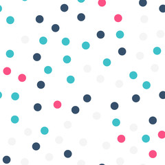 Colorful polka dots seamless pattern on white 19 background. Magnificent classic colorful polka dots textile pattern. Seamless scattered confetti fall chaotic decor. Abstract vector illustration.