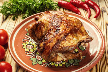 whole roasted chicken,barbecued whole chicken with crispy golden crust skin,Roasted whole chicken / turkey for celebration and holiday. Christmas, thanksgiving, new year's eve dinner,Chicken Tabaka