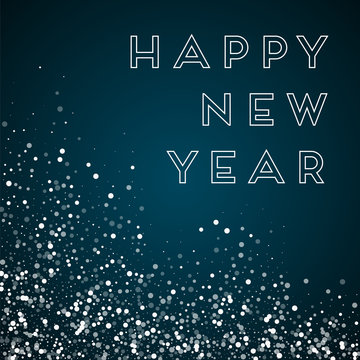 Happy New Year greeting card. Random falling white dots background. Random falling white dots on blue background. Graceful vector illustration.