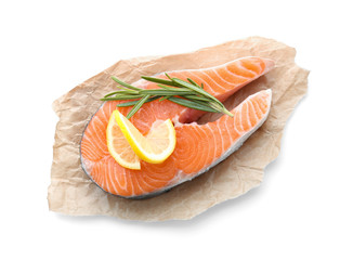 Fresh salmon steak on white background