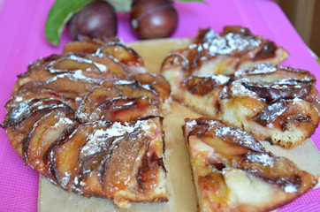 Homemade plum pie, autumn dessert with fresh plums, baking, healthy vegetarian food, a piece of cake on a plate, a cup of tea on a table