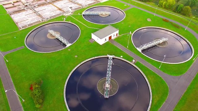 Aerial view to sewage treatment plant. Grey water recycling. Waste management for 165, 000 inhabitants of Pilsen city in Czech Republic, Europe. 