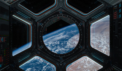 Fototapeta premium Widok planety Ziemia z okna stacji kosmicznej Elementy renderowania 3D tego obrazu dostarczone przez NASA
