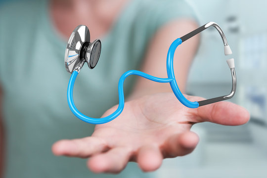 Businesswoman holding and touching floating stethoscope 3D rendering