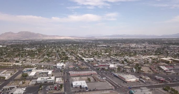 Las Vegas Aerial Panorama with city skyline, mountain and streets by the Stratosphere.