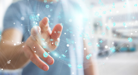 Businessman using holograms datas digital sphere 3D rendering