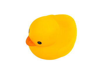 Yellow rubber duck toy, isolated on white background.