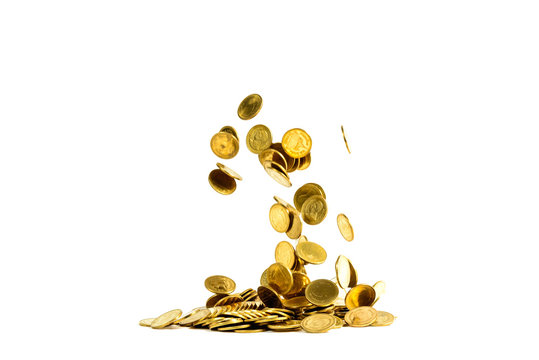 Falling gold coins money isolated on the white background, business concept.