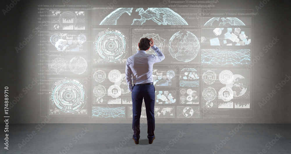 Poster Businessman using graph screens interface on a wall 3D rendering