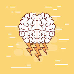 brain top view colorful silhouette with lightnings and background light yellow