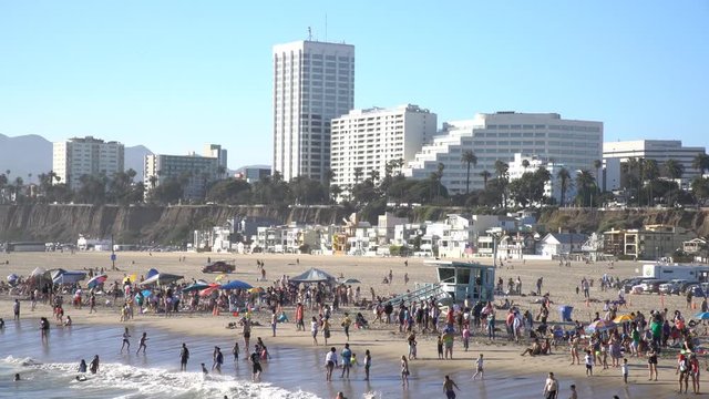 Santa Monica, JUN 21: Many visitors on the beach on JUN 21, 2017 at Los Angeles County, California, United States