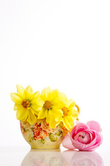 Antique china milk jug with yellow and pink flowers against white background