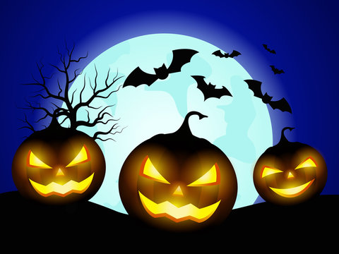 Halloween pumpkins and dark castle on blue Moon background.vector illustration.