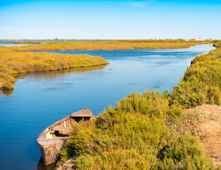 Ebro Delta estuary and wetlands, Tarragona, Catalunya, Spain. Copy space for text.