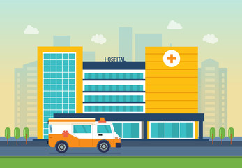 Naklejka premium Modern hospital building, healthcare system, medical facility with all departments.