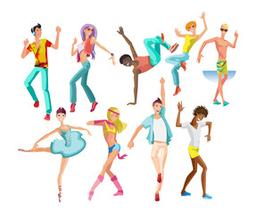 Dancing guys, girls, in modern styles, types, with different movements.