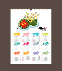 Cooked square glutinous rice cake and blossom, Calendar vietnamese new year. (Translation 