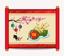 Cooked square glutinous rice cake and blossom, Vietnamese new year. (Translation "Tết" : Lunar new year)