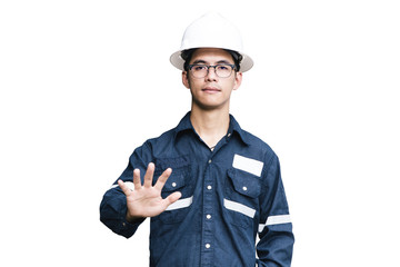 Engineer or Technician in white helmet, glasses and blue working shirt suit with hand sign, isolated on white, Electricity and Oil and Gas industrial concept with clipping path