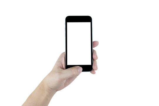 Hand is holding black smartphone, isolated on white background. Clipping path embedded.