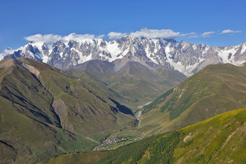 view of the village of Ushguli from Svaneti ridge, Georgia.